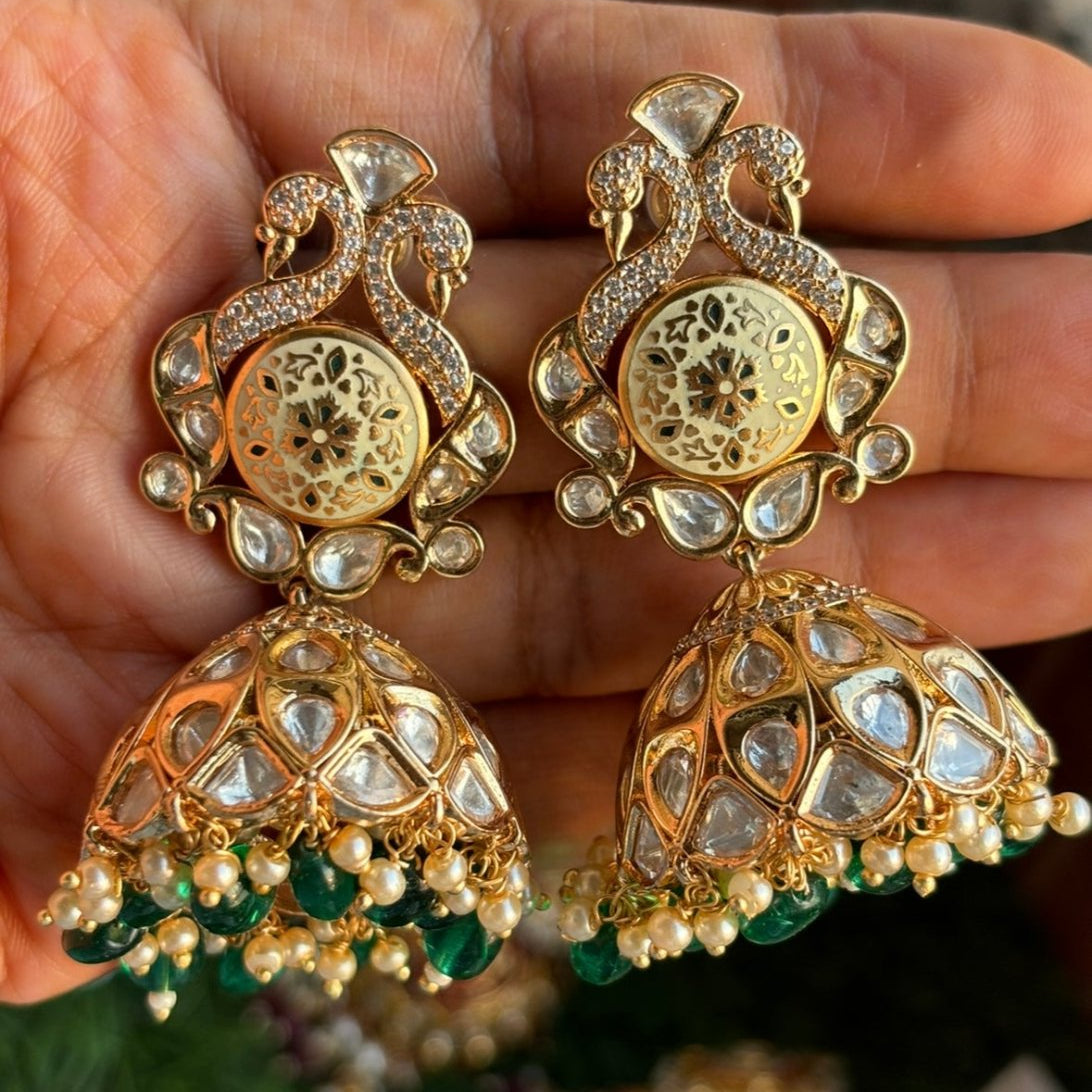Enchanted Peacock Meenakari Kundan Jhumkis - MR Jewels
